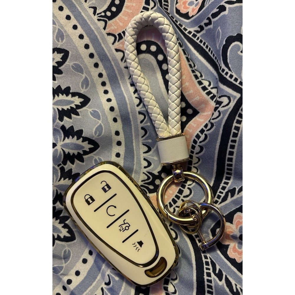 NEW White & Gold Chevy Key FOB Cover & Lanyard, Malibu/Equinox/Camaro/Cruze/etc